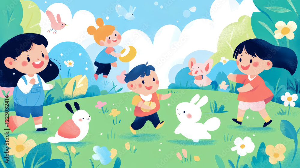 Children Playing Joyfully in a Sunny Meadow with Cute Animals Children Playing Joyfully in a Sunny Meadow with Cute Animals
