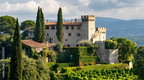 Majestic Ancient Stone Castle Perched on a Verdant Hilltop with Breathtaking Scenic Vistas of the Surrounding Mountainous Landscape and Lush Greenery photo