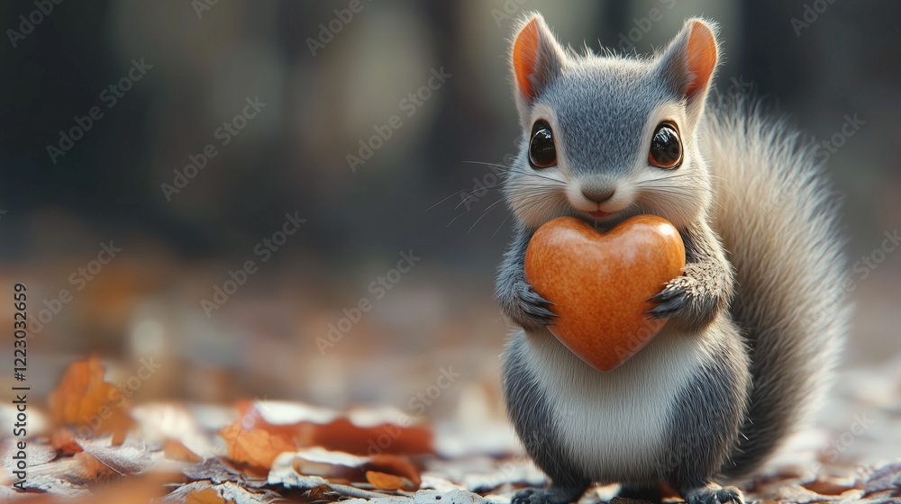 Obraz premium A cute 3D cartoon squirrel holding a giant acorn shaped like a heart.