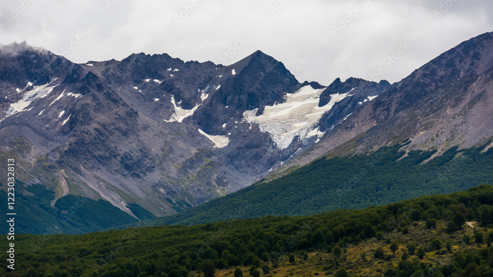 glacier view from the mountain range in Tierra del Fuego close to Ushuaia, Argentina, South America glacier view from the mountain range in Tierra del Fuego close to Ushuaia, Argentina, South America