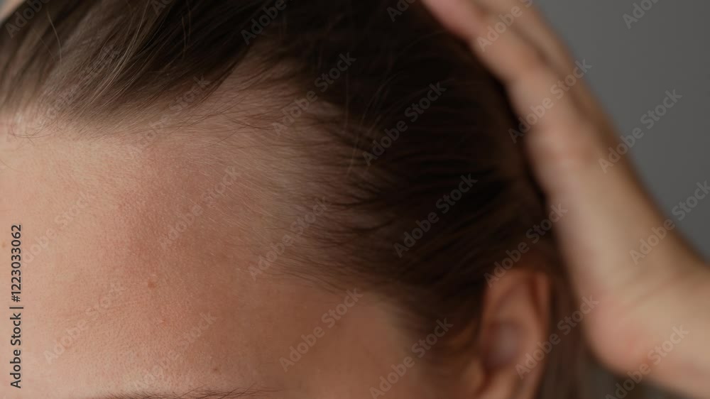 Close-up of a young blonde woman showing receding hairline on her forehead and temples pushing hair back with her hand. Hair care. A girl demonstrating a healthy scalp and the absence of dandruff Close-up of a young blonde woman showing receding hairline on her forehead and temples pushing hair back with her hand. Hair care. A girl demonstrating a healthy scalp and the absence of dandruff