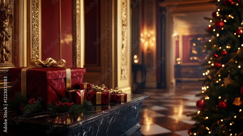 Luxury holiday gifts with pine accents and red gold decor Luxury holiday gifts with pine accents and red gold decor