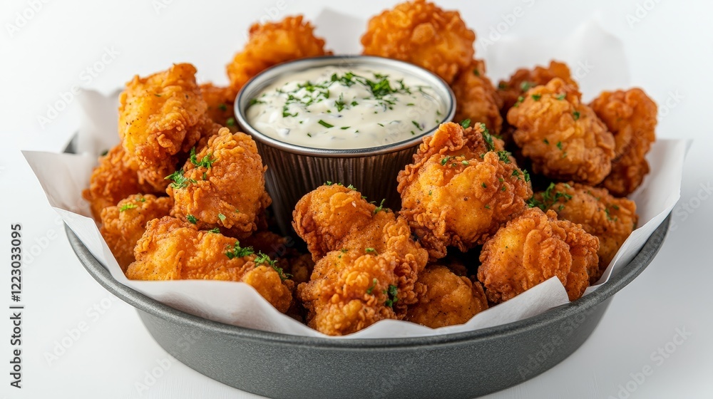 A platter of crispy fried chicken bites served with a creamy dipping sauce. A platter of crispy fried chicken bites served with a creamy dipping sauce.