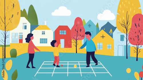 Children playing hopscotch in a colorful, lively neighborhood park surrounded by trees. photo