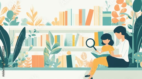 Woman reading a book to a child in a cozy, plant-filled library. photo