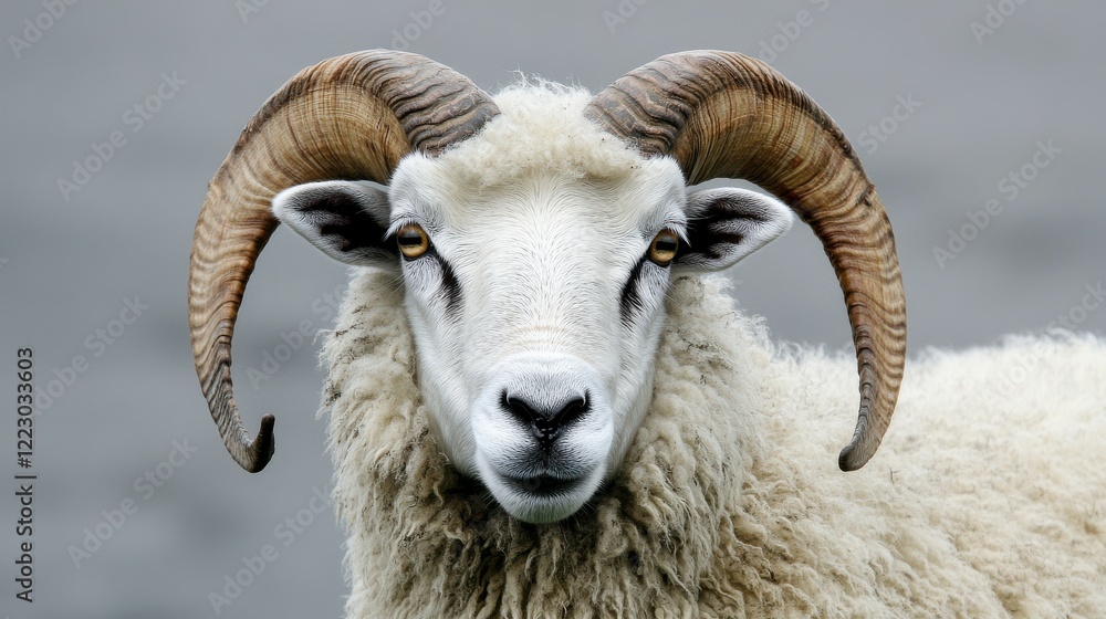Majestic ram with curved horns against grey background Majestic ram with curved horns against grey background