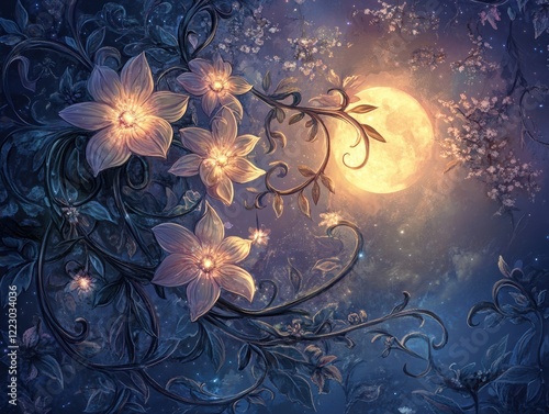 Moonlit scene with glowing flowers and vines creating a magical and dreamlike atmosphere. photo