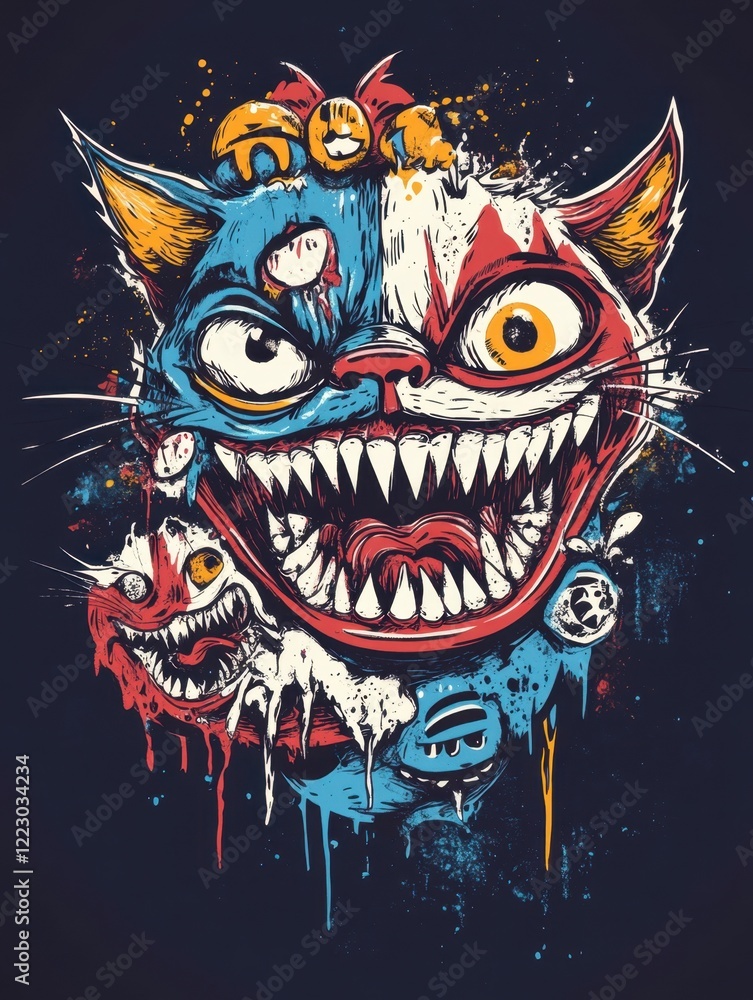 Colorful Illustration of a Playful and Sinister Cat with Emotions Colorful Illustration of a Playful and Sinister Cat with Emotions