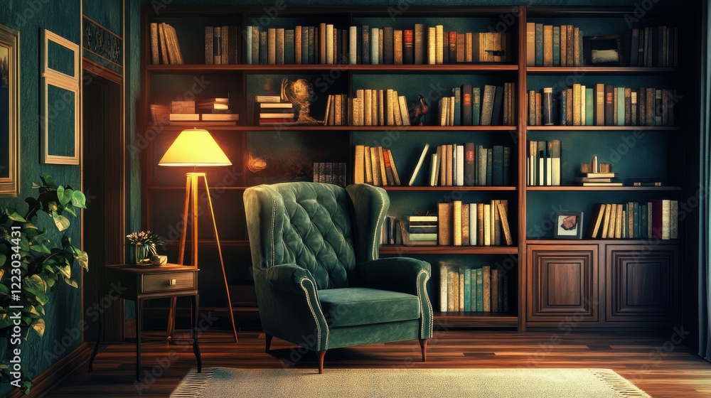 Cozy library with armchair and bookshelf in warm ambient lighting