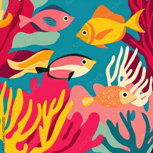 Bright illustration of colorful fish swimming among coral reefs in an underwater scene. photo