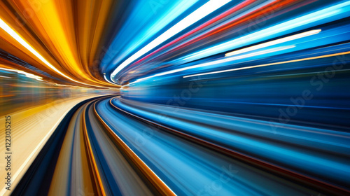 Colorful blurred lights create a dynamic sense of speed and motion in an urban transit environment