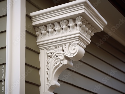White Victorian Corbel Trim. Decorative Porch Gingerbread of Old Architecture