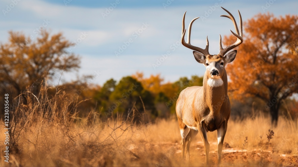 Fototapeta premium Whitetail Deer Buck in Texas Farmland. Close-Up of Majestic Antlers and Stunning Wildlife in Natural Habitat