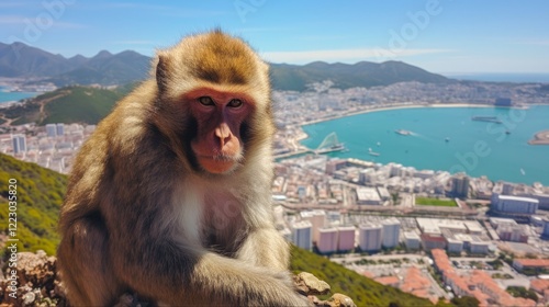 Wild Barbary Macaque Monkey in Gibraltar, Spain. Close-up Facial Portrait of Brown Mammal on the British Peninsula