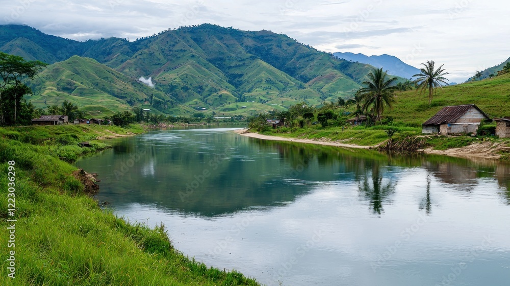 Serene River Landscape in Mountain Valley Serene River Landscape in Mountain Valley