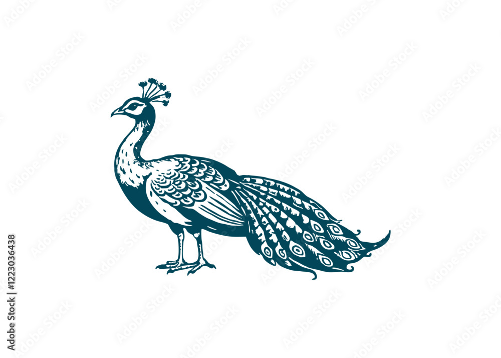 Fototapeta premium Greeting watercolor card with peacock. Frame of peacock made in Isolated vector illustration