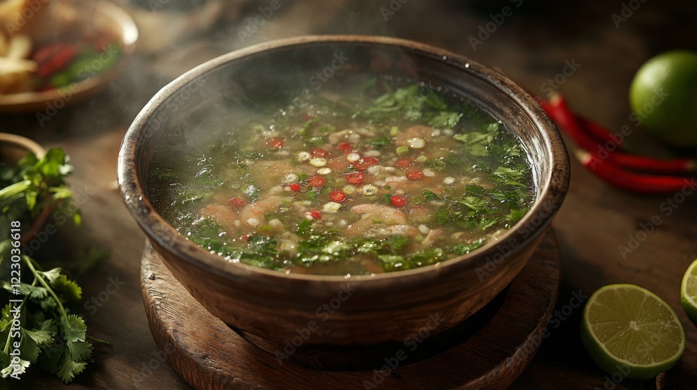 A steaming bowl of hot and sour shrimp soup with vibrant red and green herbs, set on a wooden table with ingredients like lime and chili peppers surrounding it A steaming bowl of hot and sour shrimp soup with vibrant red and green herbs, set on a wooden table with ingredients like lime and chili peppers surrounding it