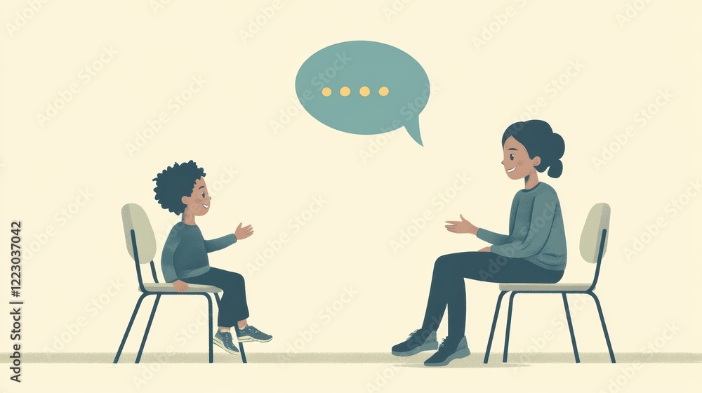 A clean and minimalist illustration of a teacher explaining something to a young child in a classroom. A clean and minimalist illustration of a teacher explaining something to a young child in a classroom.