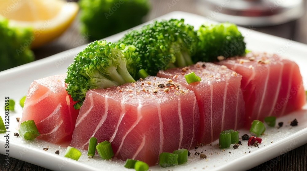 Fresh tuna sashimi with broccoli and green onions on a white plate Fresh tuna sashimi with broccoli and green onions on a white plate