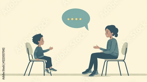 A clean and minimalist illustration of a teacher explaining something to a young child in a classroom.