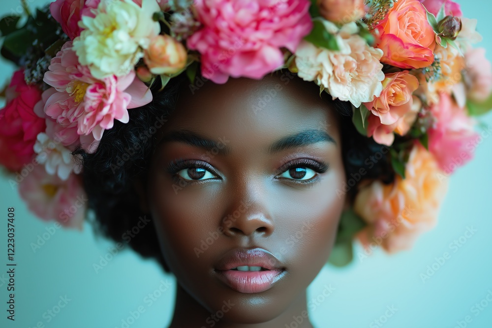Naklejka premium woman adorned with an elaborate floral crown made of colorful blossoms