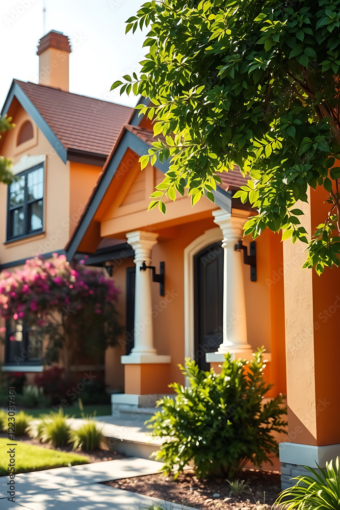 Fototapeta premium Dream house: An orange facade home with white columns, surrounded by lush greenery and a well-maintained garden. The perfect combination of modern architecture and natural beauty.