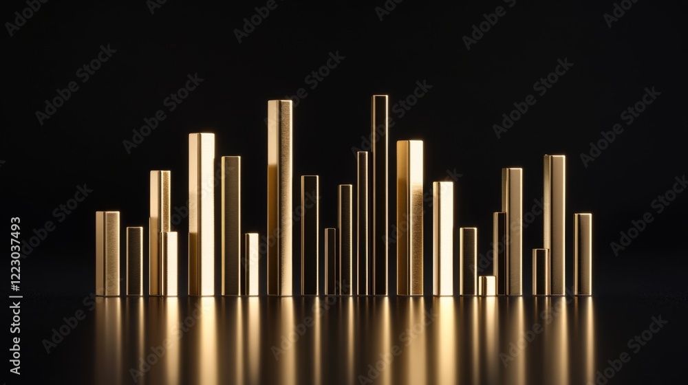 A stylish bar chart with metallic gold bars on a black reflective surface, showcasing the strength and value of gold in financial markets A stylish bar chart with metallic gold bars on a black reflective surface, showcasing the strength and value of gold in financial markets