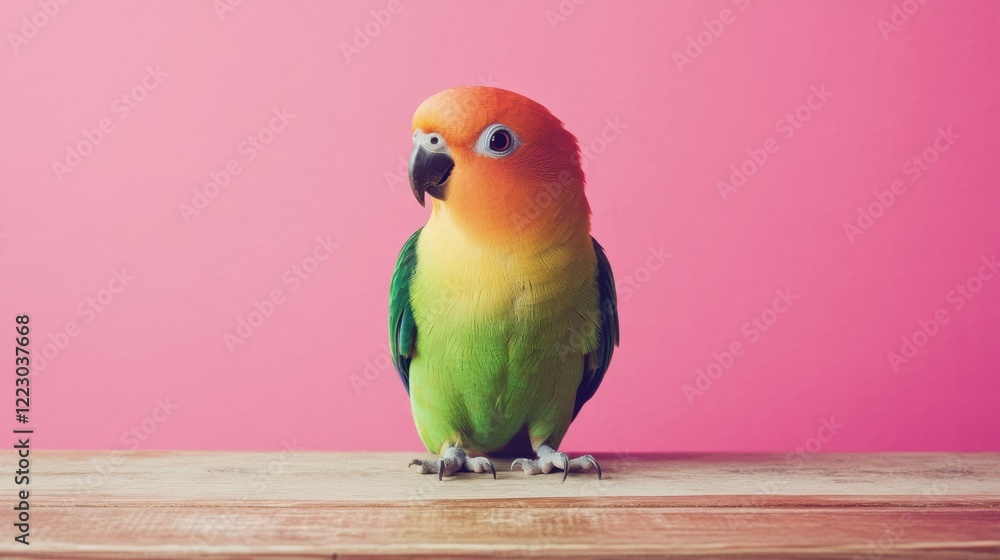 Naklejka premium Small green and yellow parrot curiously posing on wooden table