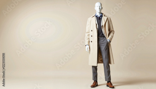 Elegant manikin displaying ivory coat and tailored trousers, fashion statement photo