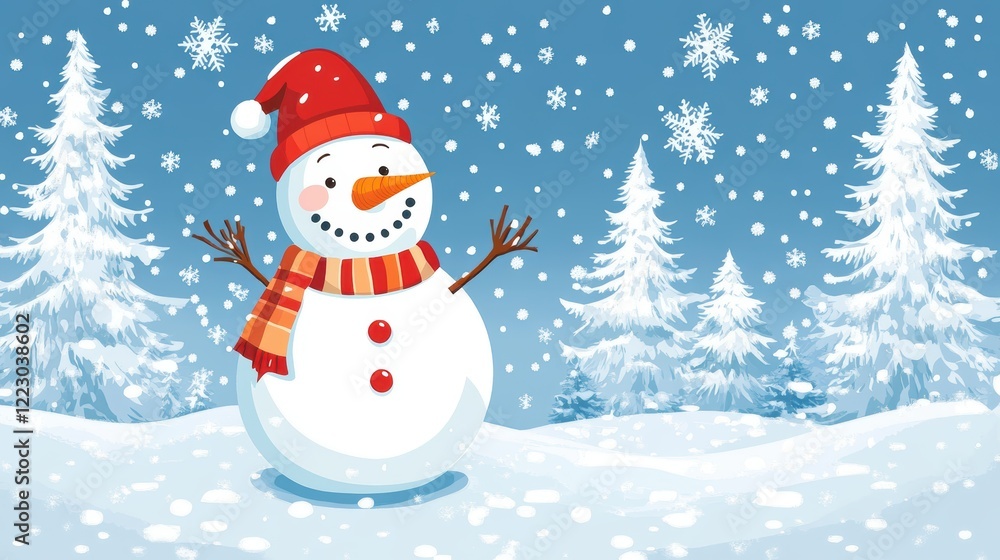Snowman wearing a red scarf and hat, surrounded by snowy pine trees. Snowman wearing a red scarf and hat, surrounded by snowy pine trees.
