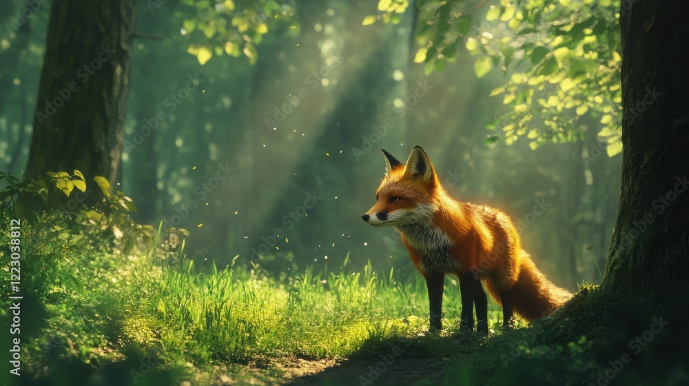 Obraz premium Majestic red fox standing in sunlit forest clearing amidst lush greenery