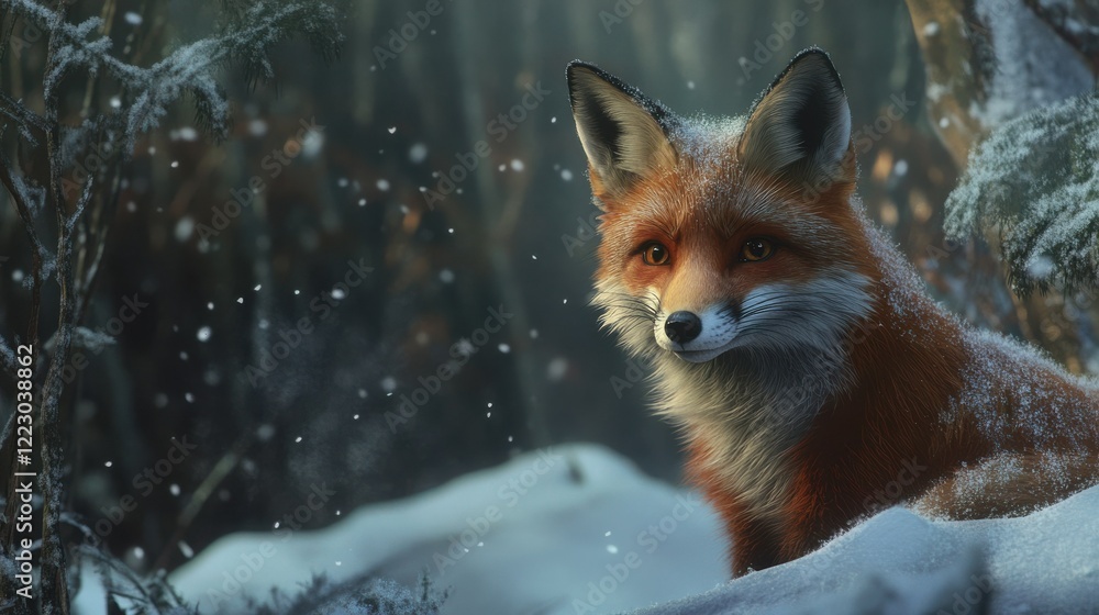 Obraz premium Red fox in snowy forest at dusk with snowflakes falling gently around