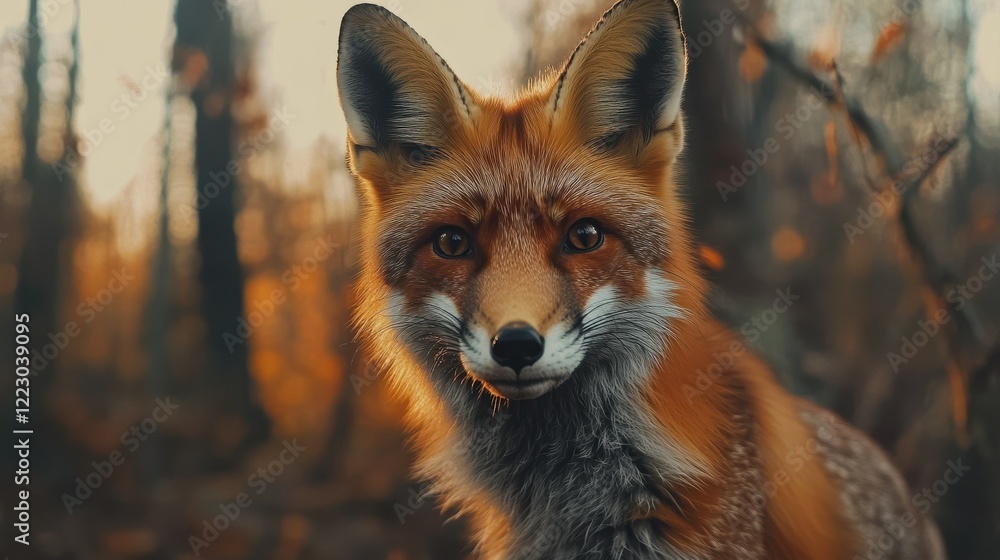 Obraz premium Majestic red fox in autumn forest at sunset with golden leaves