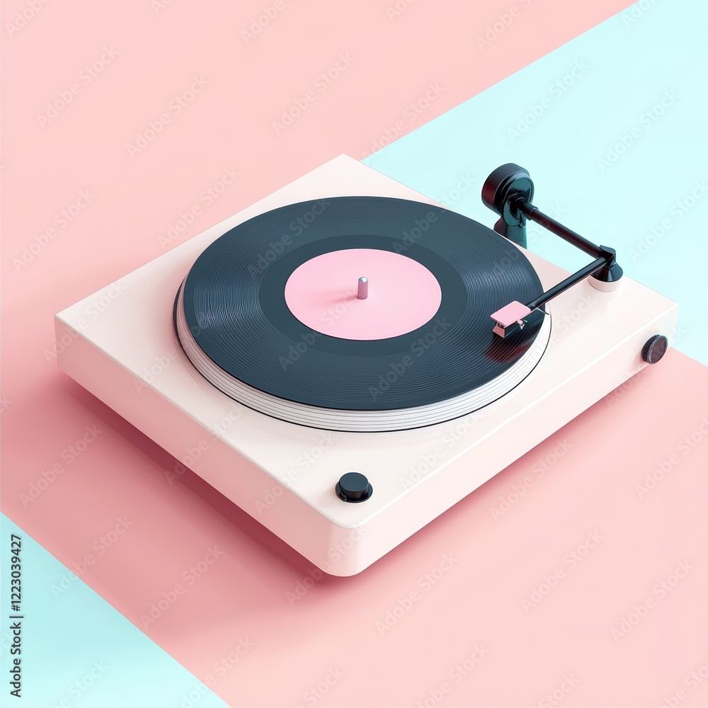 Minimal pink and white turntable with a vinyl record on a pastel background. Minimal pink and white turntable with a vinyl record on a pastel background.