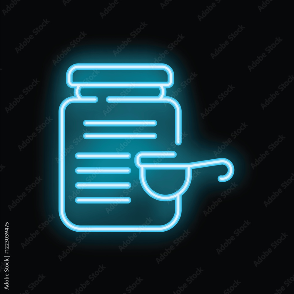 Glowing neon sign of protein powder with scoop, representing sports nutrition and healthy lifestyle Glowing neon sign of protein powder with scoop, representing sports nutrition and healthy lifestyle