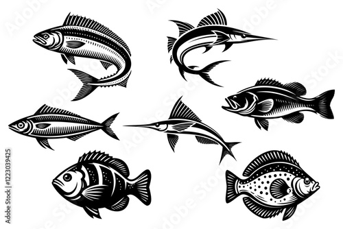 Set of fish monochrome clip art illustration