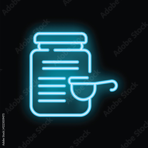 Glowing neon sign of protein powder with scoop, representing sports nutrition and healthy lifestyle