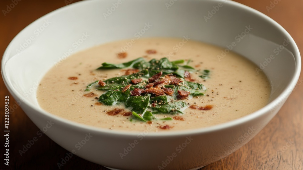 Creamy potato soup garnished with spinach and bacon bits in a white bowl. Creamy potato soup garnished with spinach and bacon bits in a white bowl.
