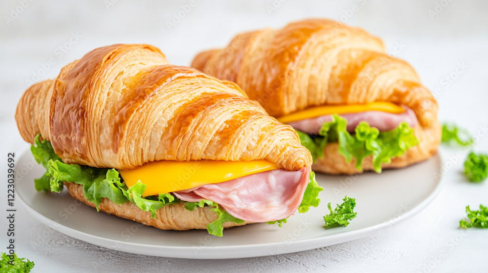 Freshly made croissant sandwich with ham, cheese, and lettuce on a white plate. Freshly made croissant sandwich with ham, cheese, and lettuce on a white plate.