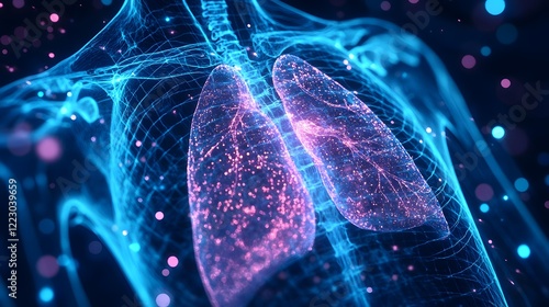 Luminous Lungs: A stunning 3D rendering of the human respiratory system, showcasing the intricate network of the lungs with glowing particles, representing the life-giving breath. photo