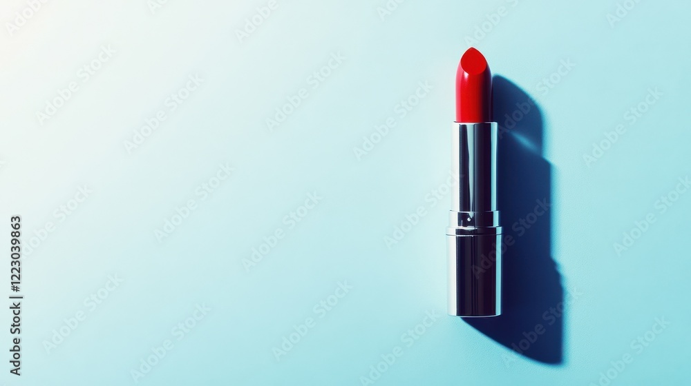 Obraz premium Red lipstick on blue background: bold beauty and color contrast concept