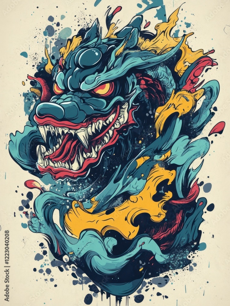 Fototapeta premium Fierce Colorful Dragon Illustration with Dynamic Fluid Elements