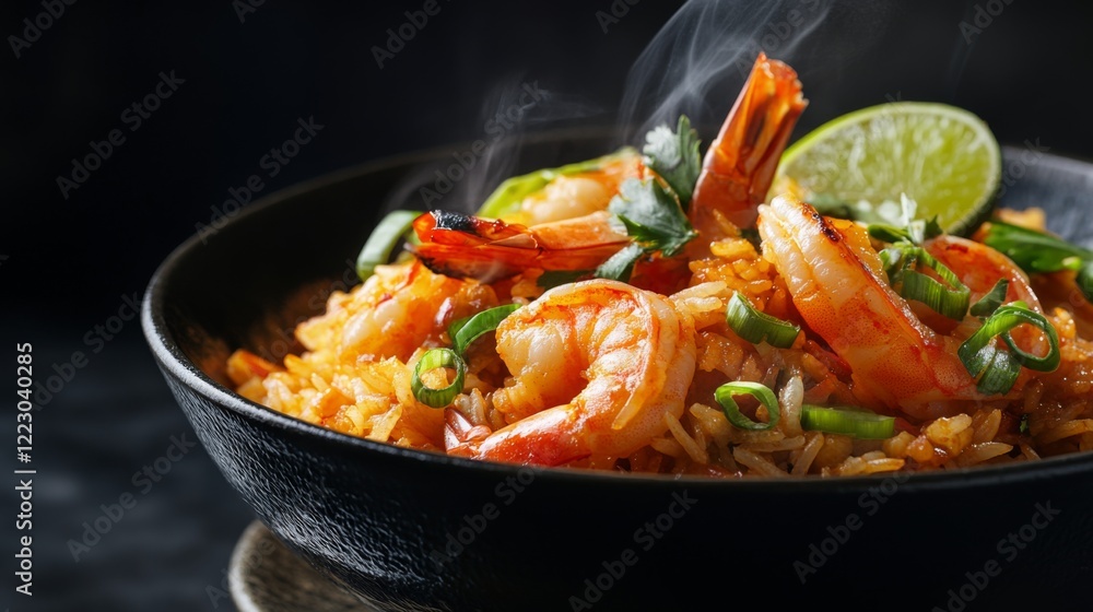 A vibrant photo of a steaming bowl of shrimp fried rice, garnished with green onions and lime, set against a dark background for contrast A vibrant photo of a steaming bowl of shrimp fried rice, garnished with green onions and lime, set against a dark background for contrast
