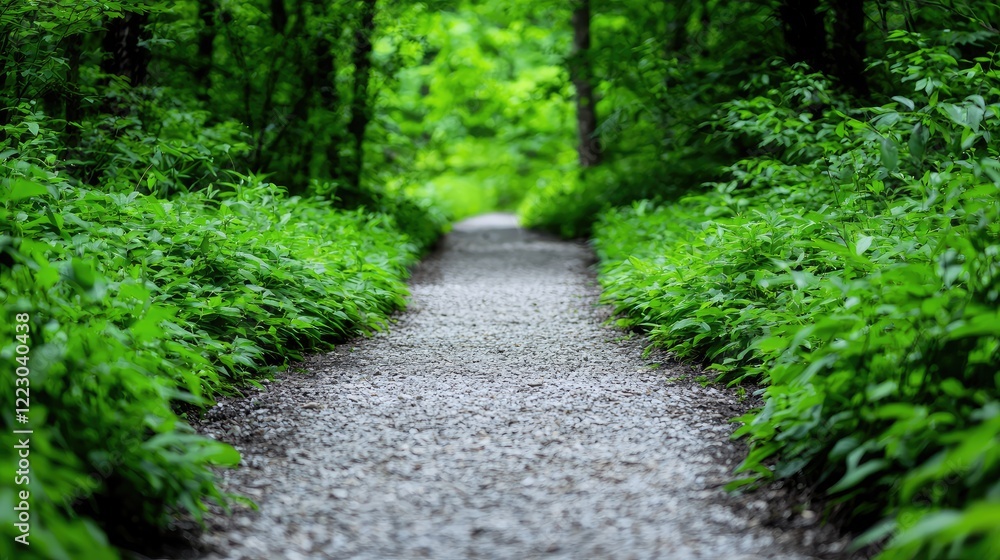 Gravel path through lush green forest, sunlight dappled, nature walk Gravel path through lush green forest, sunlight dappled, nature walk