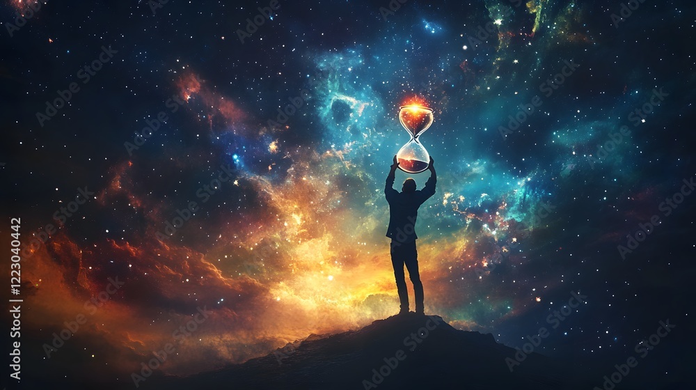 Master of Time: A silhouetted figure stands atop a hill, arms raised, holding a glowing hourglass against a vibrant cosmic backdrop. The image evokes themes of time, control. Master of Time: A silhouetted figure stands atop a hill, arms raised, holding a glowing hourglass against a vibrant cosmic backdrop. The image evokes themes of time, control.