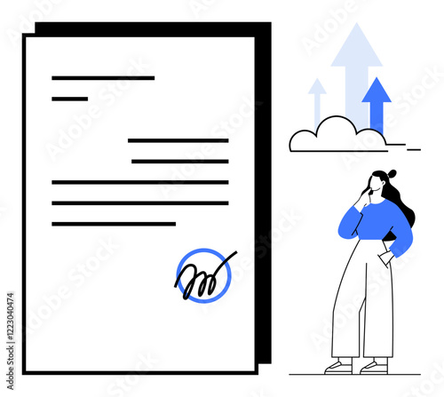 Document with a signature in the foreground, contemplative woman in blue pondering with clouds and upward arrows symbolizing growth. Ideal for business contracts, planning, decision-making, personal