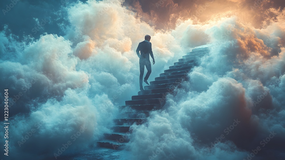 Ascent to the Divine: A solitary figure ascends a stone staircase leading through a vast, ethereal landscape of clouds, bathed in the soft glow of a celestial sunrise, symbolizing a journey of faith. Ascent to the Divine: A solitary figure ascends a stone staircase leading through a vast, ethereal landscape of clouds, bathed in the soft glow of a celestial sunrise, symbolizing a journey of faith.