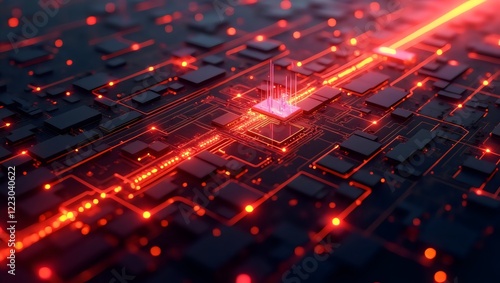 Circuit Board with Electronic Components and Red Traces on Dark Background