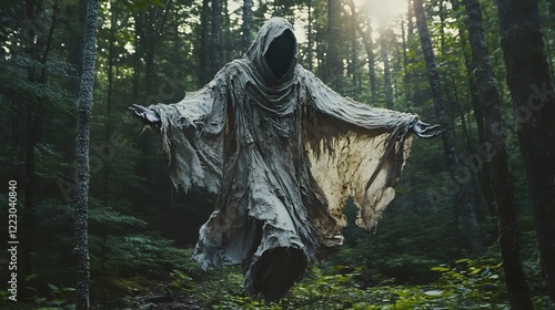 Spectral Figure in the Woods: An ethereal and spectral figure draped in a flowing gray robe hovers amidst a dense forest, a sunbeam illuminating its face in a chillingly beautiful scene. photo