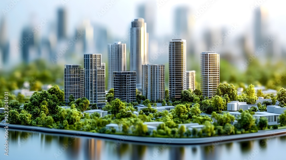 Green Cityscape Model: A miniature model of a modern city, showcasing a harmonious blend of urban architecture and lush greenery, nestled beside a tranquil body of water. Green Cityscape Model: A miniature model of a modern city, showcasing a harmonious blend of urban architecture and lush greenery, nestled beside a tranquil body of water.
